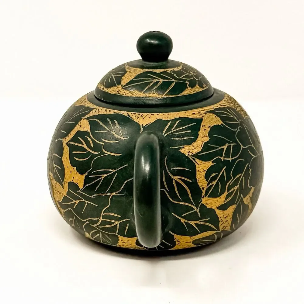 Vintage Yixing Zisha Teapot Chinese Carved Floral Green Clay Pottery Signed